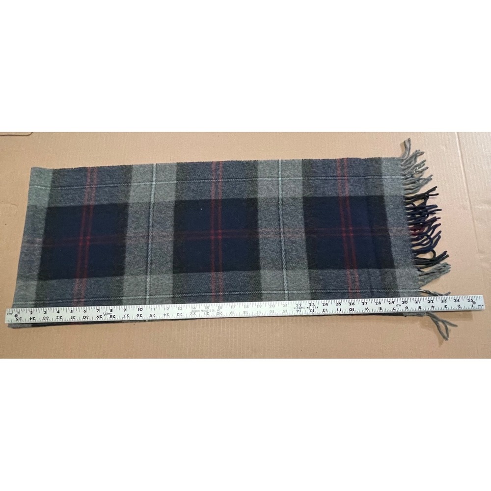 Vintage Gap Gray/Navy Plaid Wool Scarf 63"x 13" Cozy Neck Warmer Fringed Itay - Picture 3 of 8